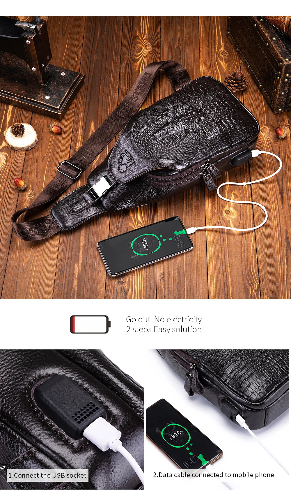 Sac en Cuir Homme Vintage avec USB